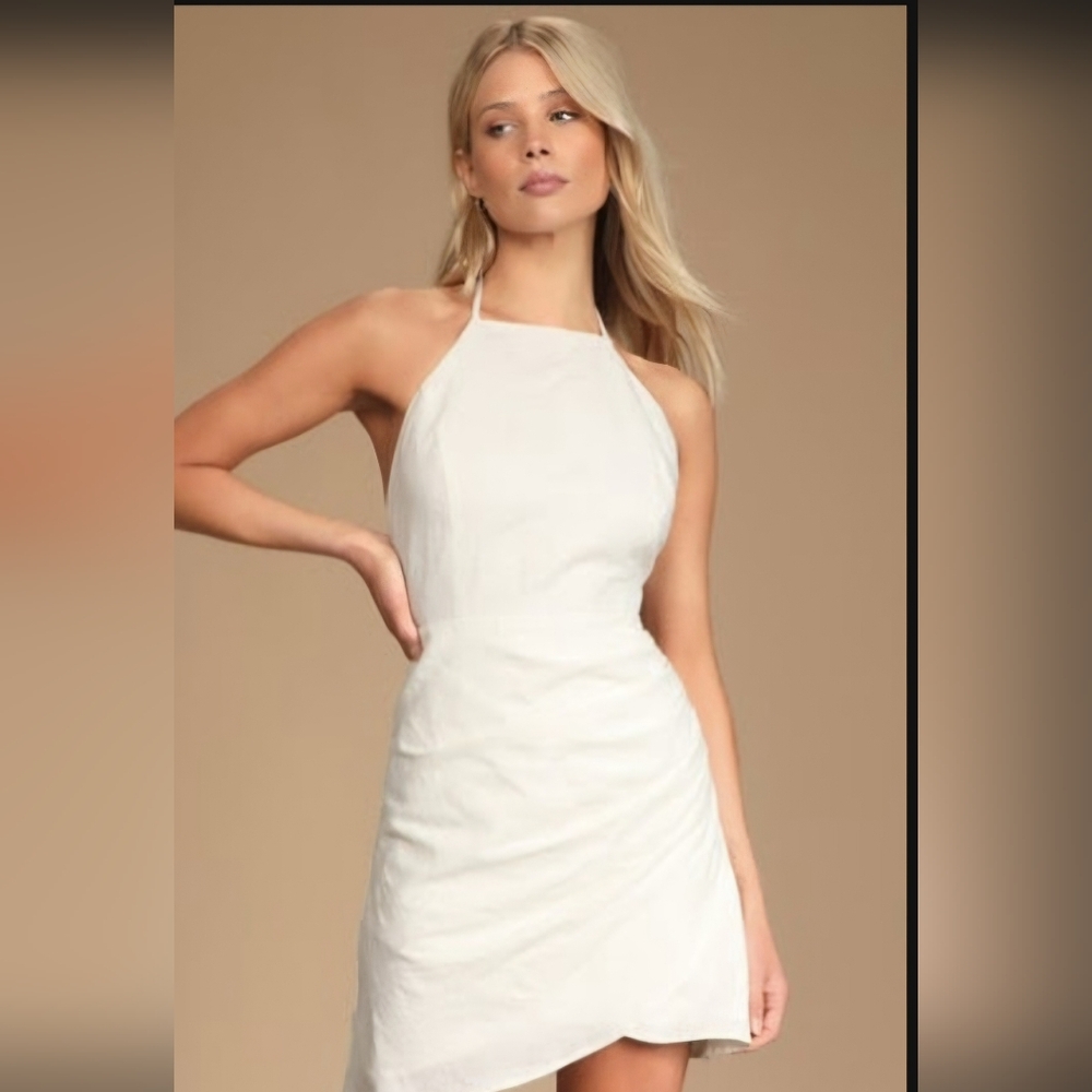 Fair Skies White Jacquard Tie-Back Halter Tulip Mini Dress